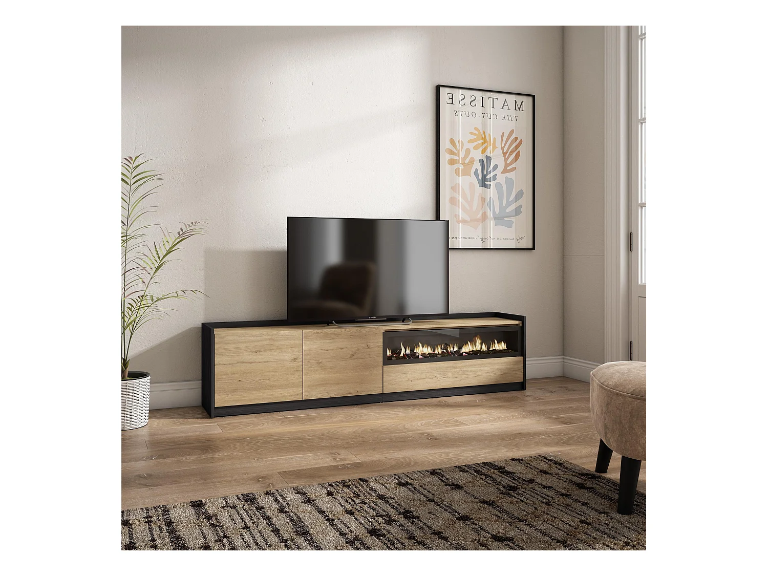 Meuble TV | Banc Télé, 207x50x37 cm, Pour les TV jusqu'à 80", Cheminée électrique, Chêne et noir