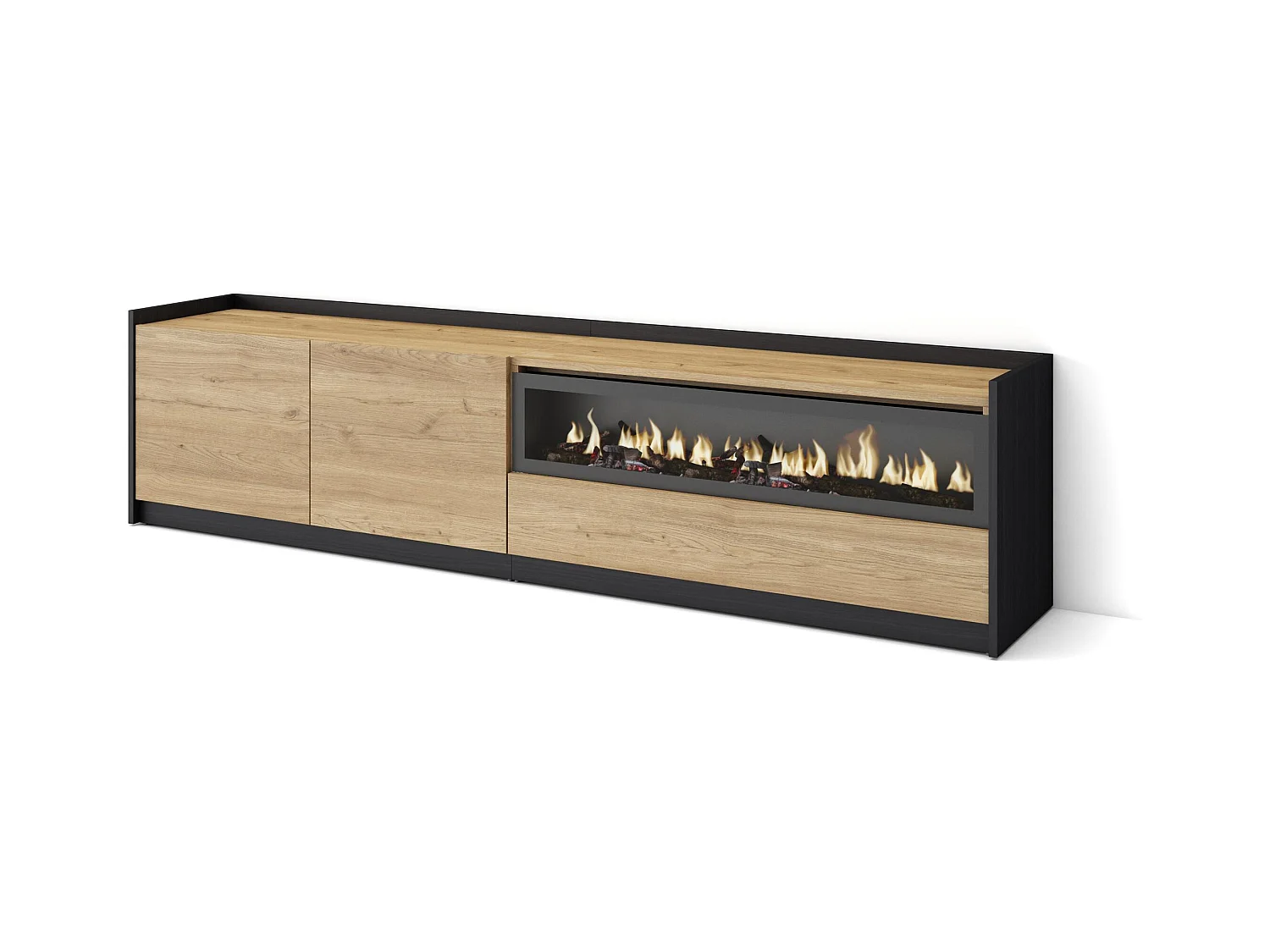 Meuble TV | Banc Télé, 207x50x37 cm, Pour les TV jusqu'à 80", Cheminée électrique, Chêne et noir