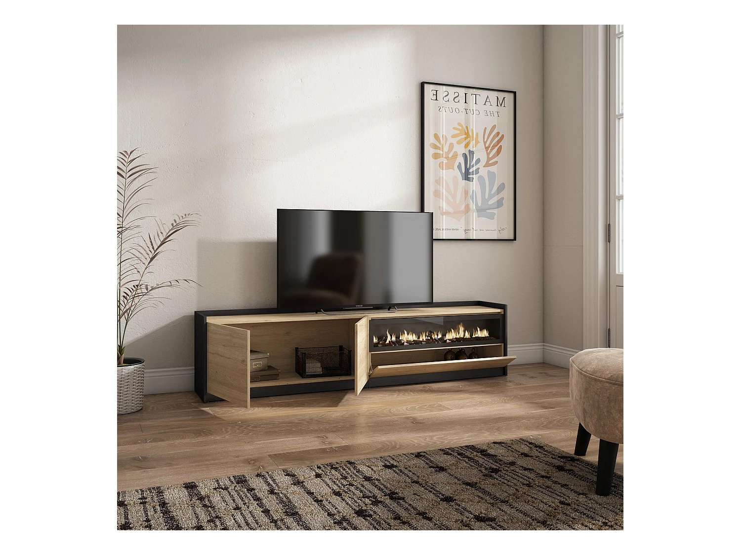 Meuble TV | Banc Télé, 207x50x37 cm, Pour les TV jusqu'à 80", Cheminée électrique, Chêne et noir