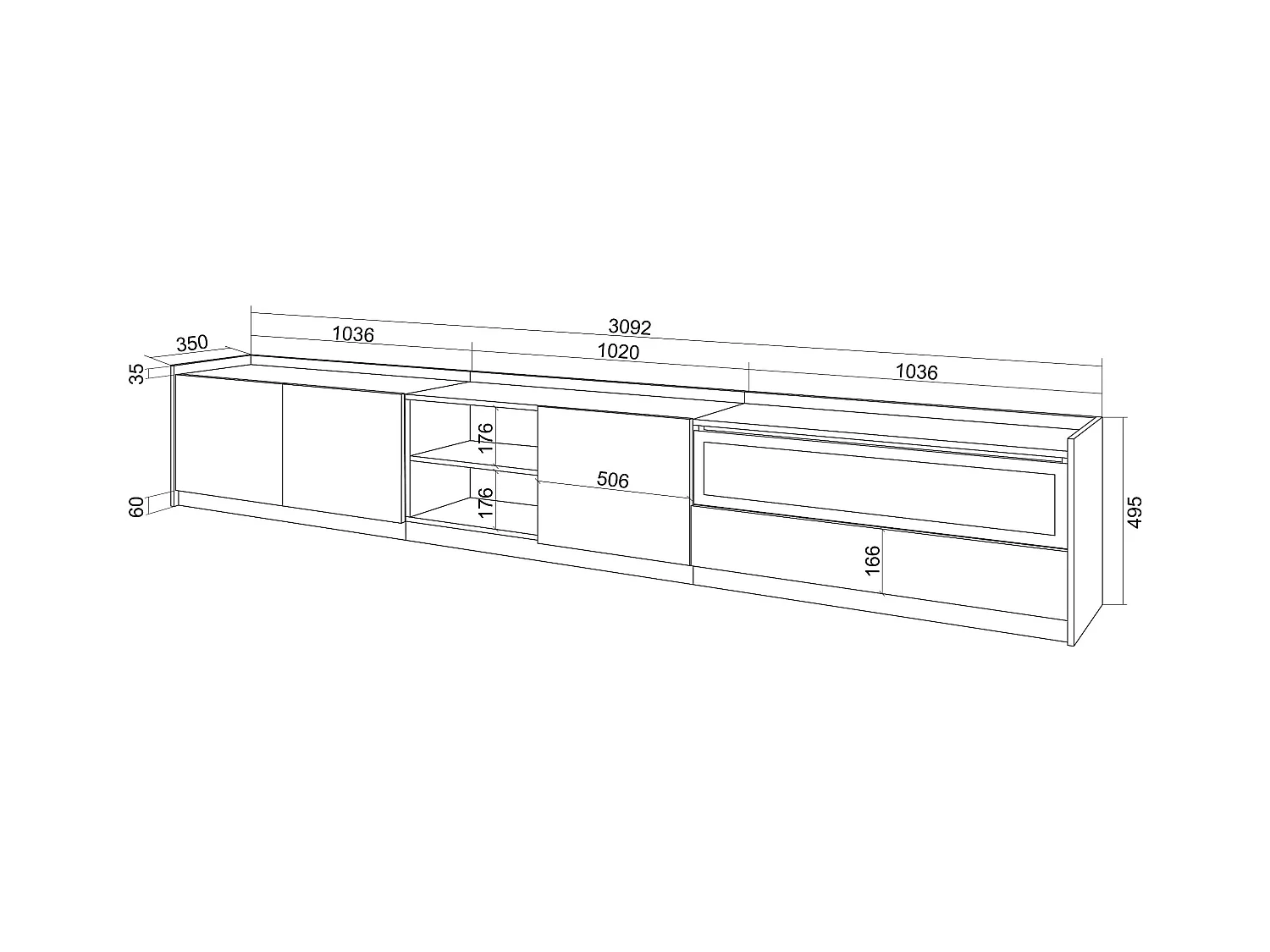 Meuble TV | Banc Télé, 310x50x37 cm, Pour les TV jusqu'à 80", Cheminée électrique, Chêne foncé et Noir