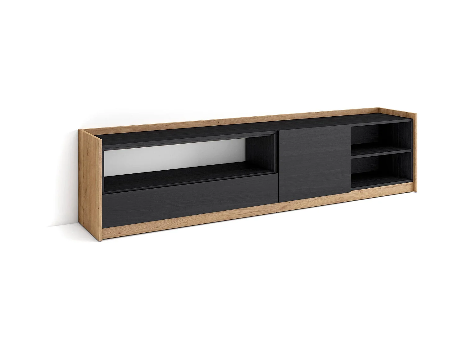 Meuble TV | Banc Télé, 207x50x37 cm, Pour les TV jusqu'à 80", Meubles de salon, Noir et chêne