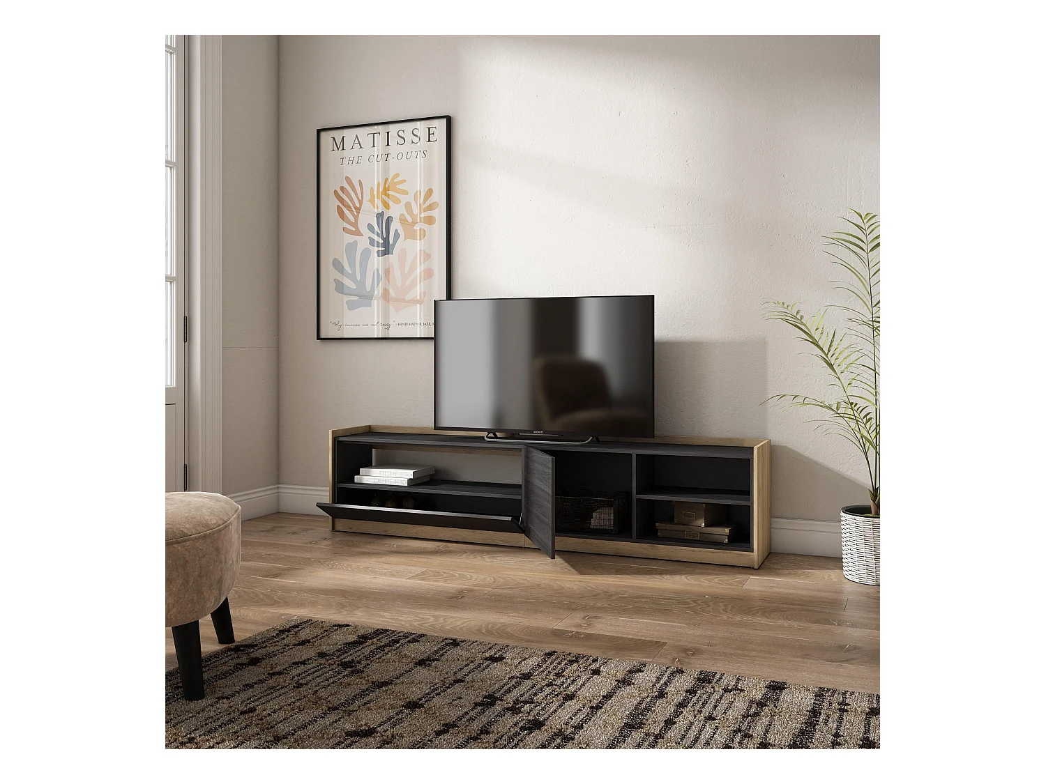 Meuble TV | Banc Télé, 207x50x37 cm, Pour les TV jusqu'à 80", Meubles de salon, Noir et chêne