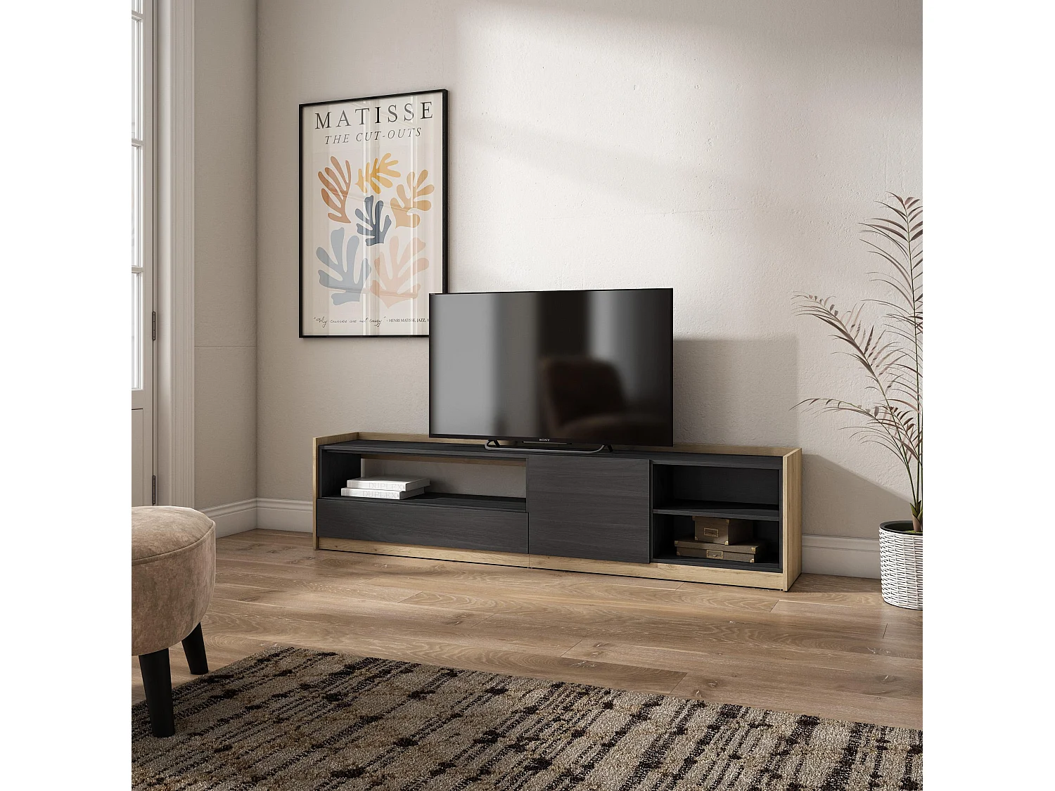 Meuble TV | Banc Télé, 207x50x37 cm, Pour les TV jusqu'à 80", Meubles de salon, Noir et chêne