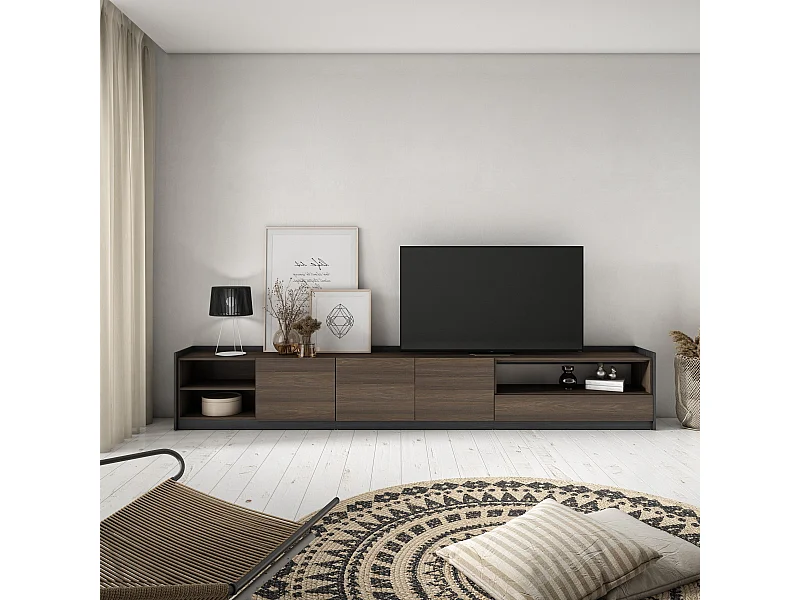 Meuble TV | Banc Télé, 310x50x37 cm, Pour les TV jusqu'à 80", Meubles de salon, Chêne foncé et Noir
