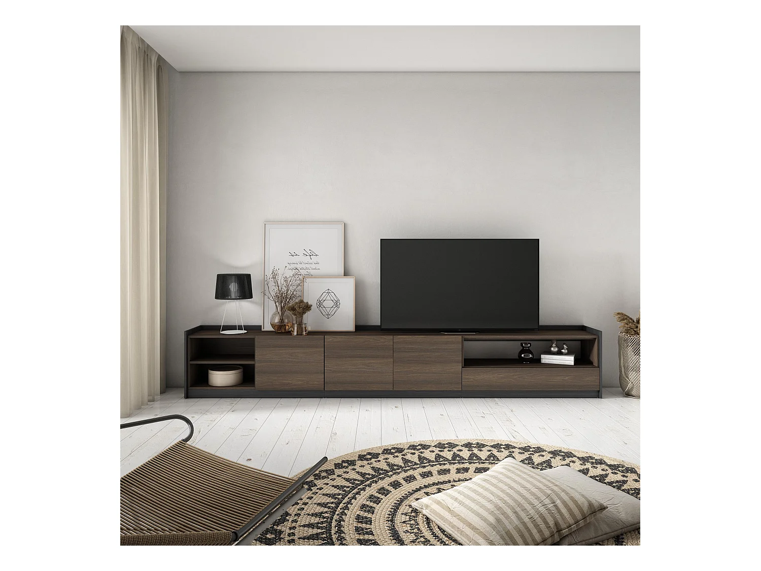 Meuble TV | Banc Télé, 310x50x37 cm, Pour les TV jusqu'à 80", Meubles de salon, Chêne foncé et Noir