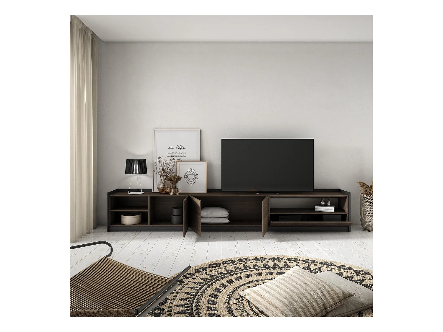 Meuble TV | Banc Télé, 310x50x37 cm, Pour les TV jusqu'à 80", Meubles de salon, Chêne foncé et Noir