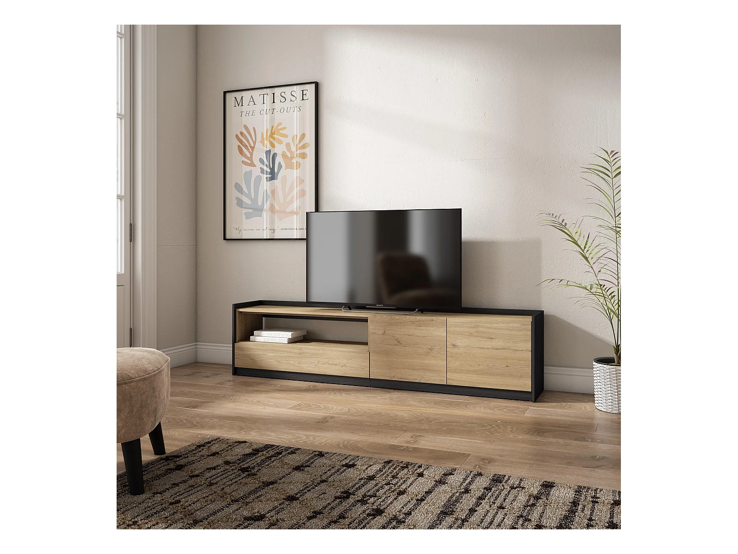 Meuble TV | Banc Télé, 207x50x37 cm, Pour les TV jusqu'à 80", Meubles de salon, Chêne et noir