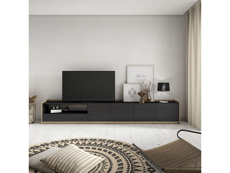 TV-Schrank, Lowboard, 310x50x37 cm, Für TV-Geräte bis zu 80", Fernsehtisch, Schwarz Eiche