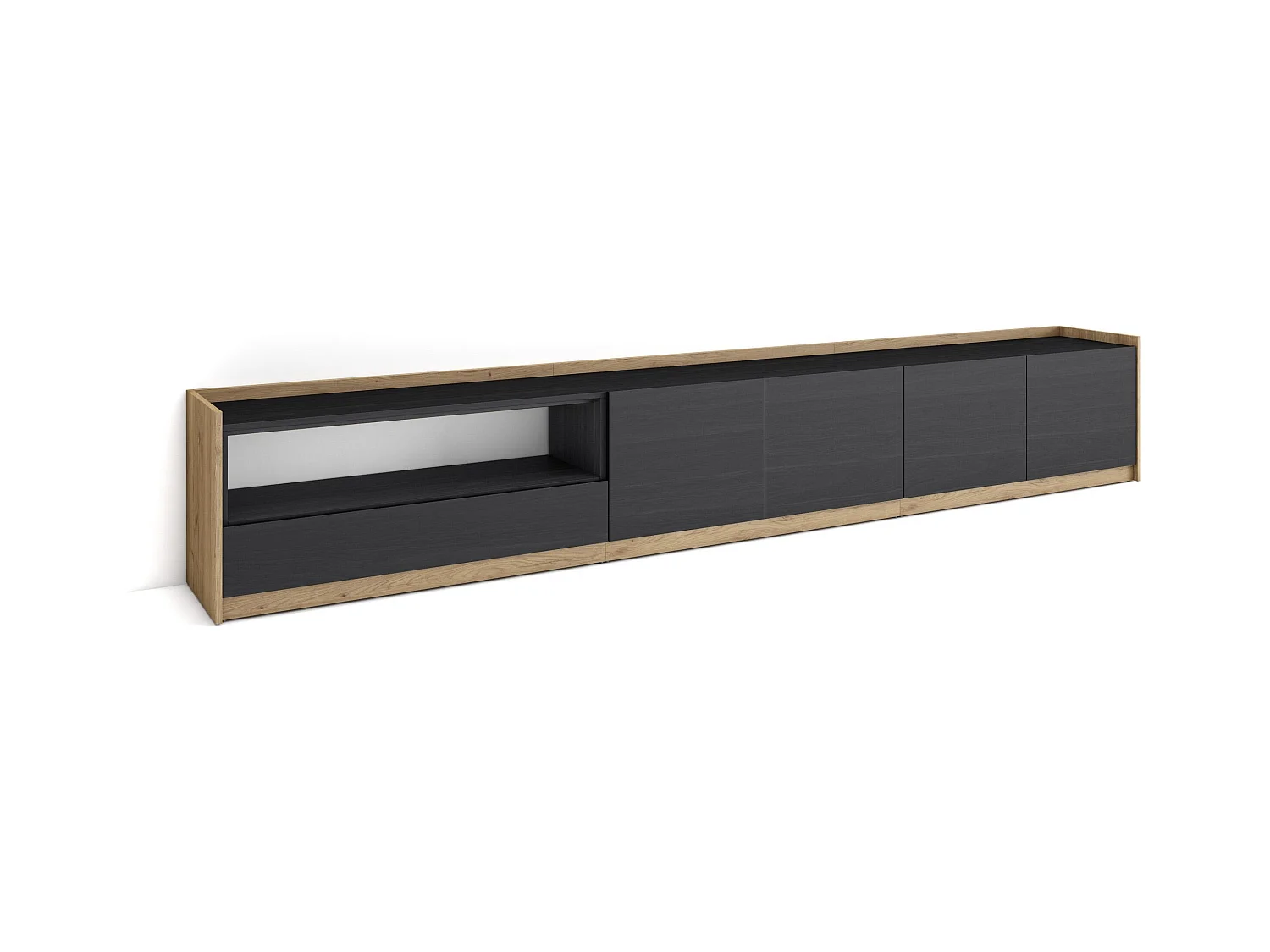 Meuble TV | Banc Télé, 310x50x37 cm, Pour les TV jusqu'à 80", Meubles de salon, Noir et chêne