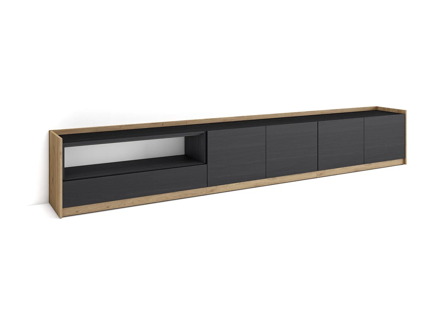 Meuble TV | Banc Télé, 310x50x37 cm, Pour les TV jusqu'à 80", Meubles de salon, Noir et chêne
