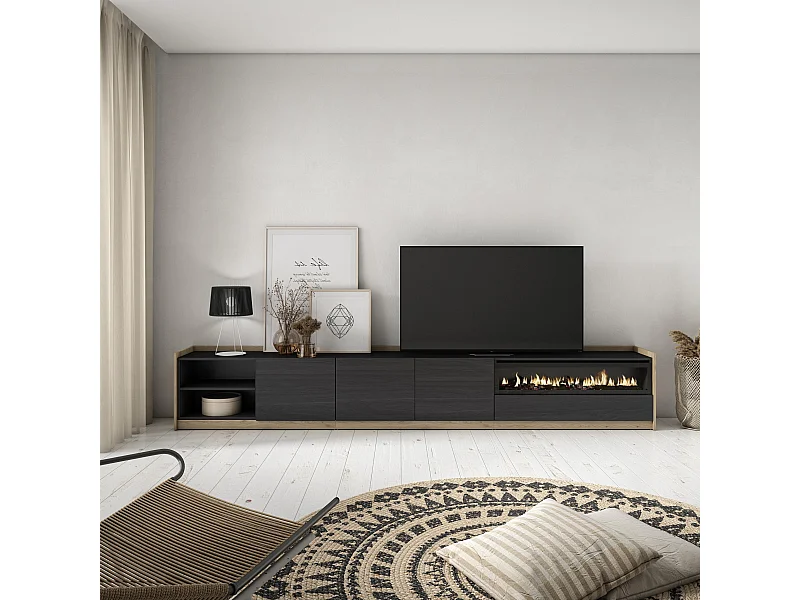 Meuble TV | Banc Télé, 310x50x37 cm, Pour les TV jusqu'à 80", Cheminée électrique, Noir et chêne