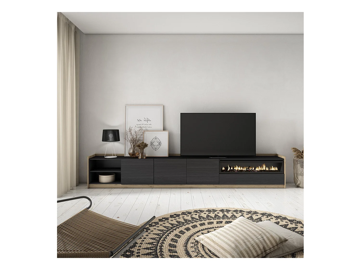 Meuble TV | Banc Télé, 310x50x37 cm, Pour les TV jusqu'à 80", Cheminée électrique, Noir et chêne