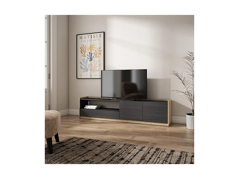 Meuble TV | Banc Télé, 207x50x37 cm, Pour les TV jusqu'à 80", Meubles de salon, Noir et chêne
