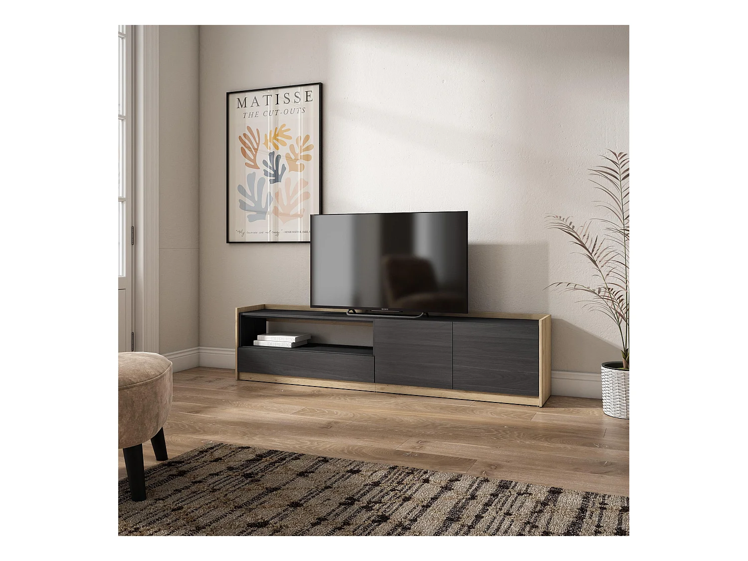 Meuble TV | Banc Télé, 207x50x37 cm, Pour les TV jusqu'à 80", Meubles de salon, Noir et chêne