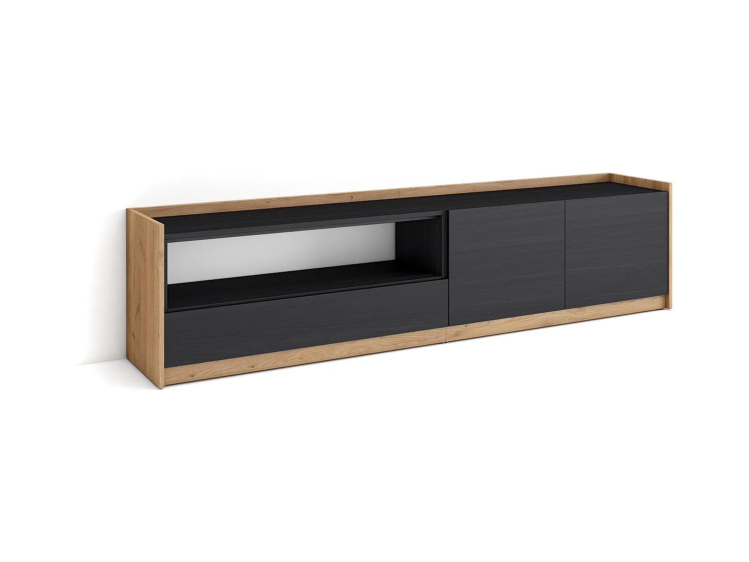 Meuble TV | Banc Télé, 207x50x37 cm, Pour les TV jusqu'à 80", Meubles de salon, Noir et chêne