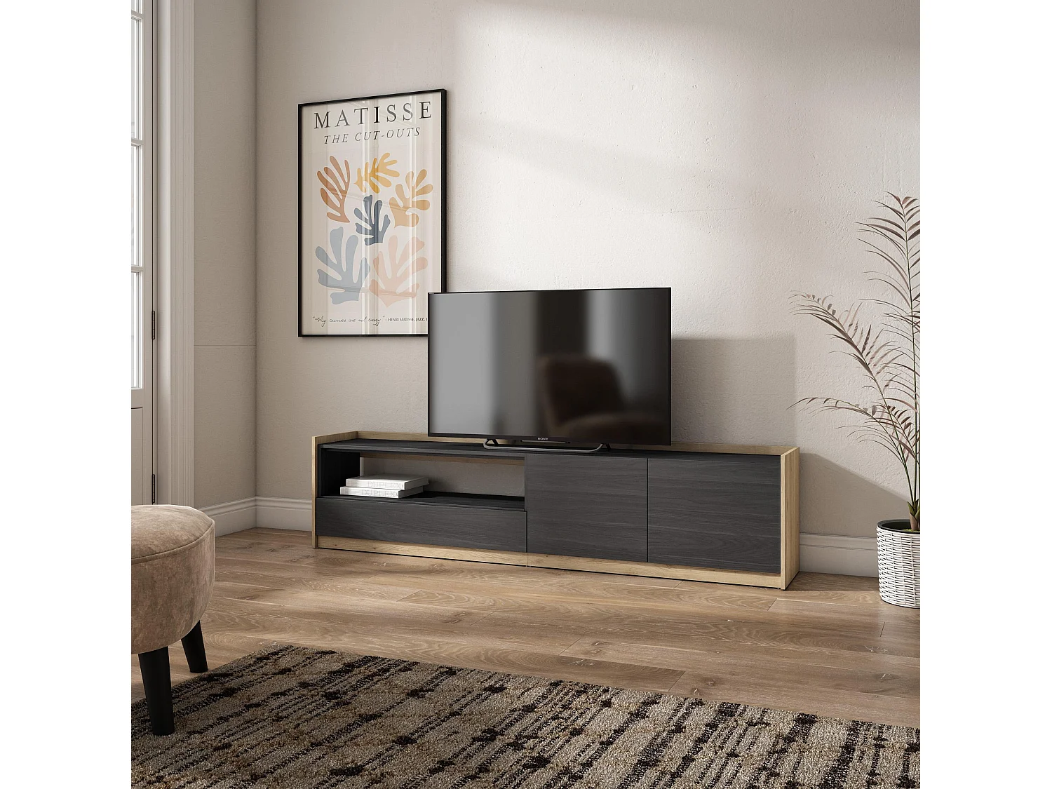 Meuble TV | Banc Télé, 207x50x37 cm, Pour les TV jusqu'à 80", Meubles de salon, Noir et chêne