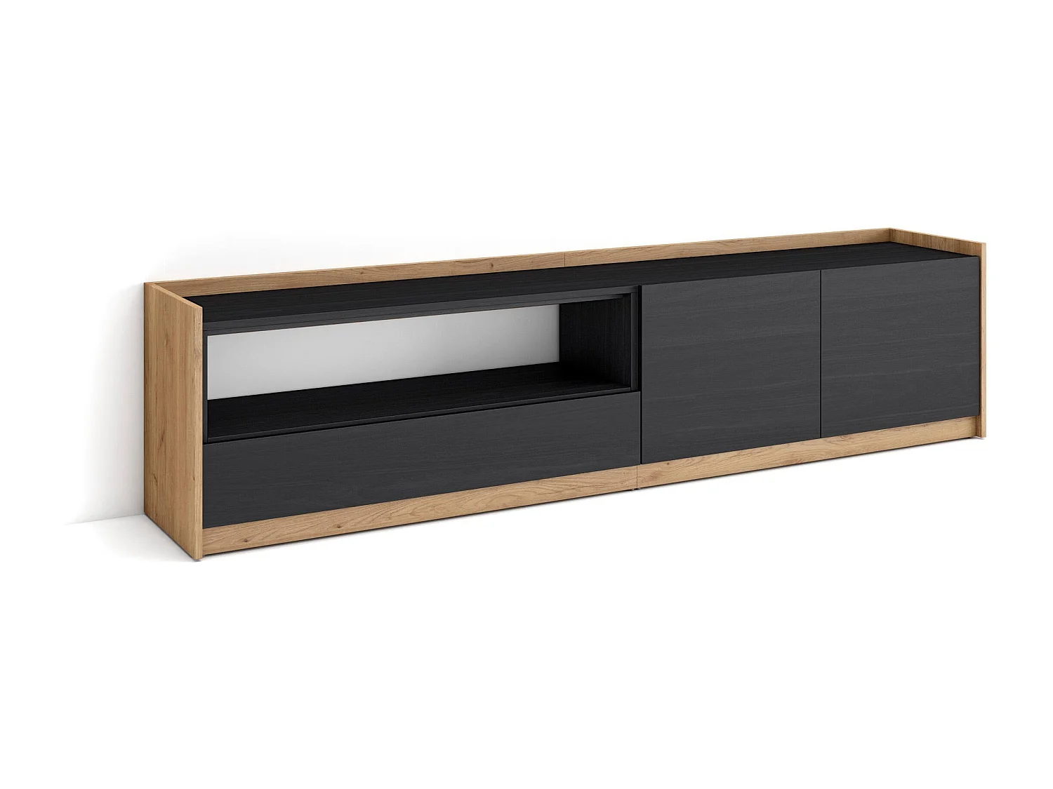 Meuble TV | Banc Télé, 207x50x37 cm, Pour les TV jusqu'à 80", Meubles de salon, Noir et chêne