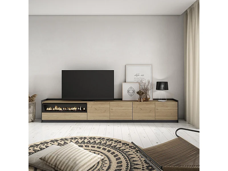 TV-Schrank, Lowboard, 310x50x37 cm, Für TV-Geräte bis zu 80", Elektrokamin., Eiche Schwarz