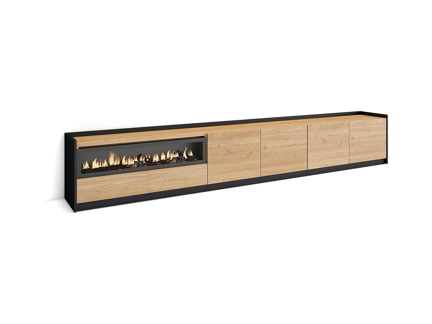 Meuble TV | Banc Télé, 310x50x37 cm, Pour les TV jusqu'à 80", Cheminée électrique, Chêne et noir
