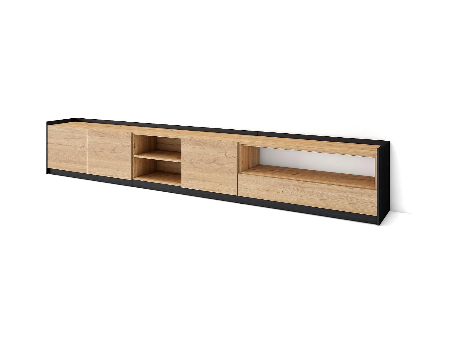 Meuble TV | Banc Télé, 310x50x37 cm, Pour les TV jusqu'à 80", Meubles de salon, Chêne et noir
