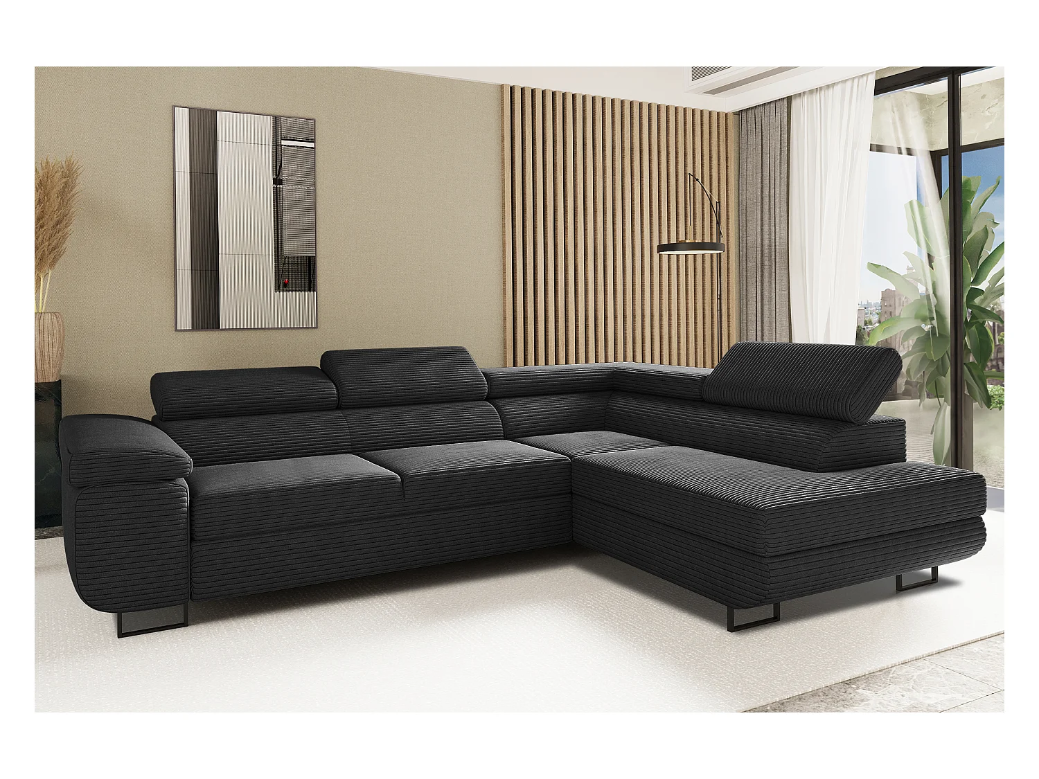 Canapé d'angle ATOMIC avec fonction couchage, tissu Poso, noir, droit