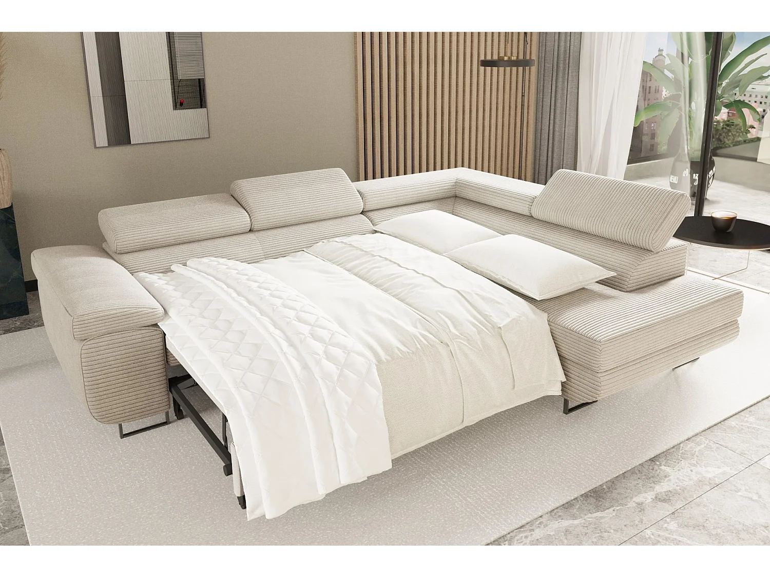 Canapé d'angle ATOMIC avec fonction couchage, tissu Poso, noir, droit