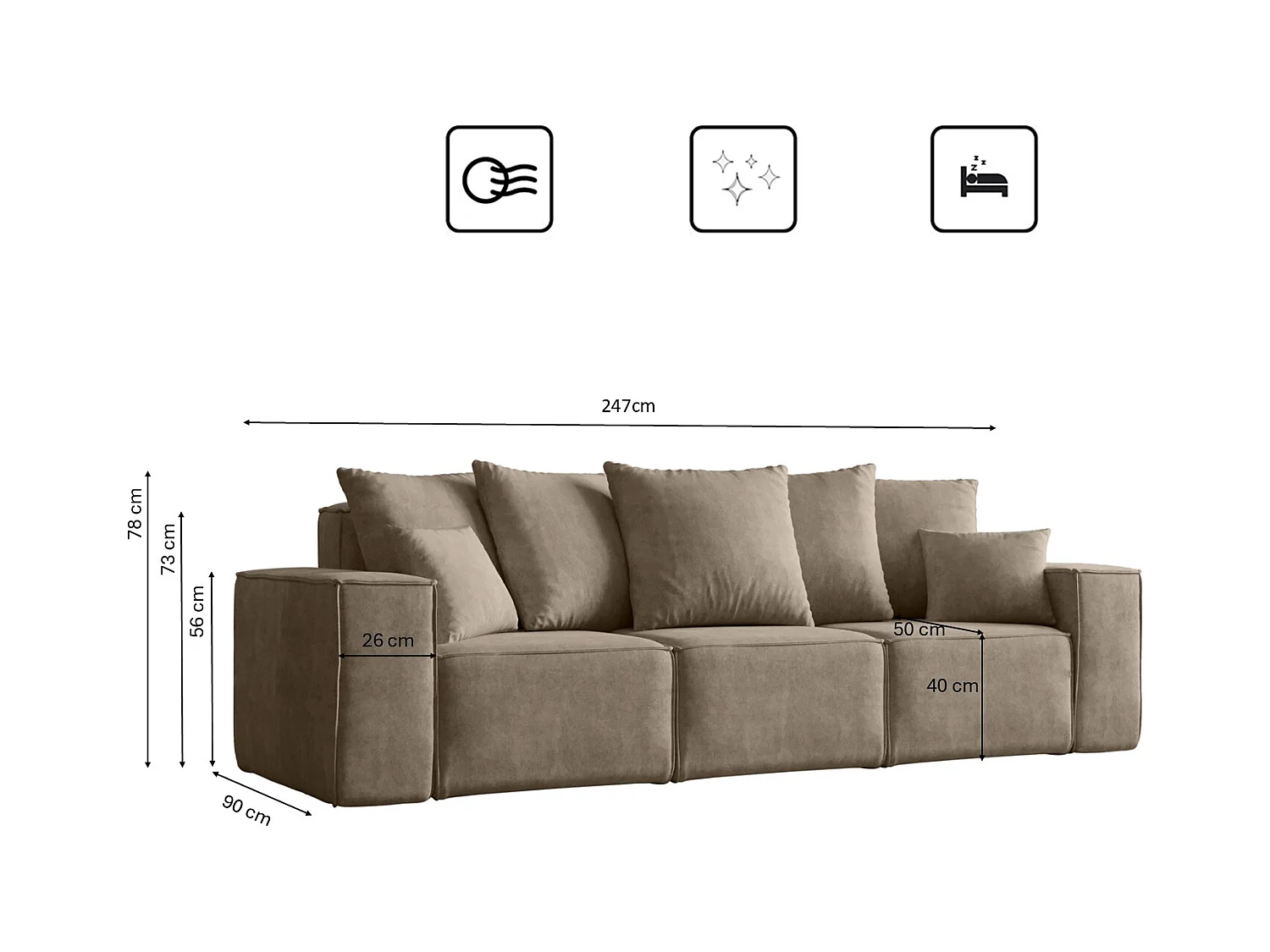 Canapé trois places ELLA, tissu Noel, beige