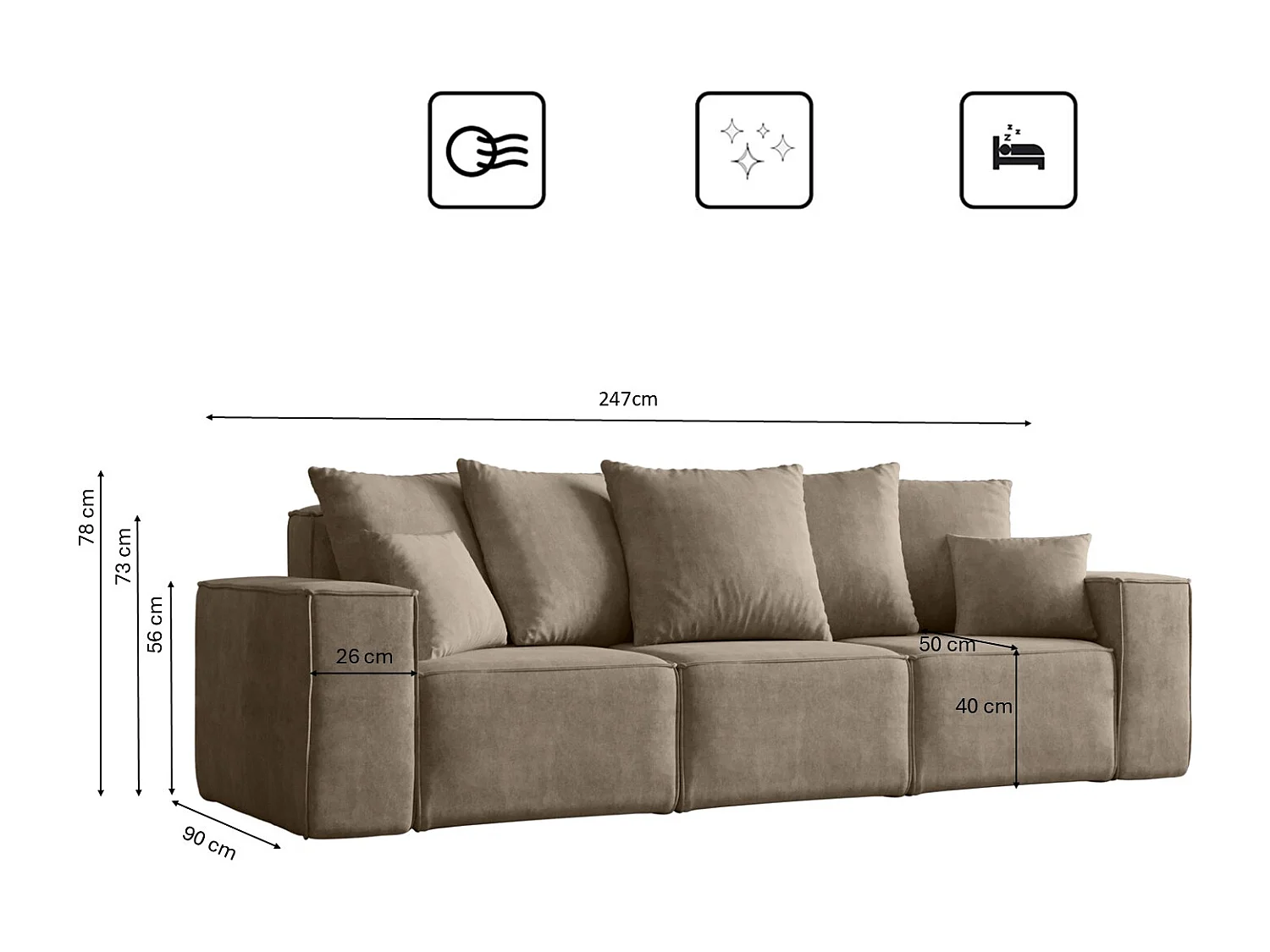 Canapé trois places ELLA, tissu Noel, beige