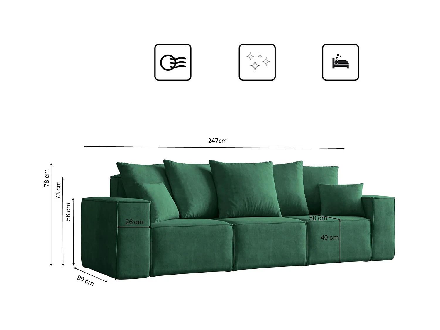 Canapé trois places ELLA, tissu Noel, vert