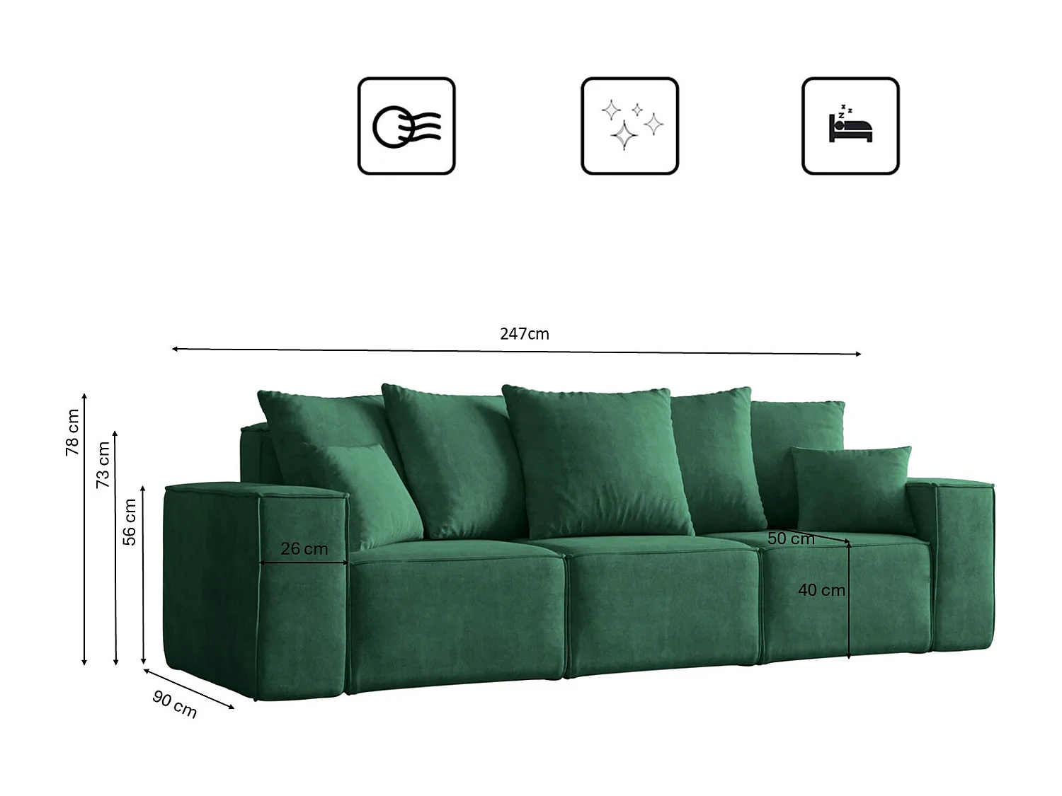 Canapé trois places ELLA, tissu Noel, vert