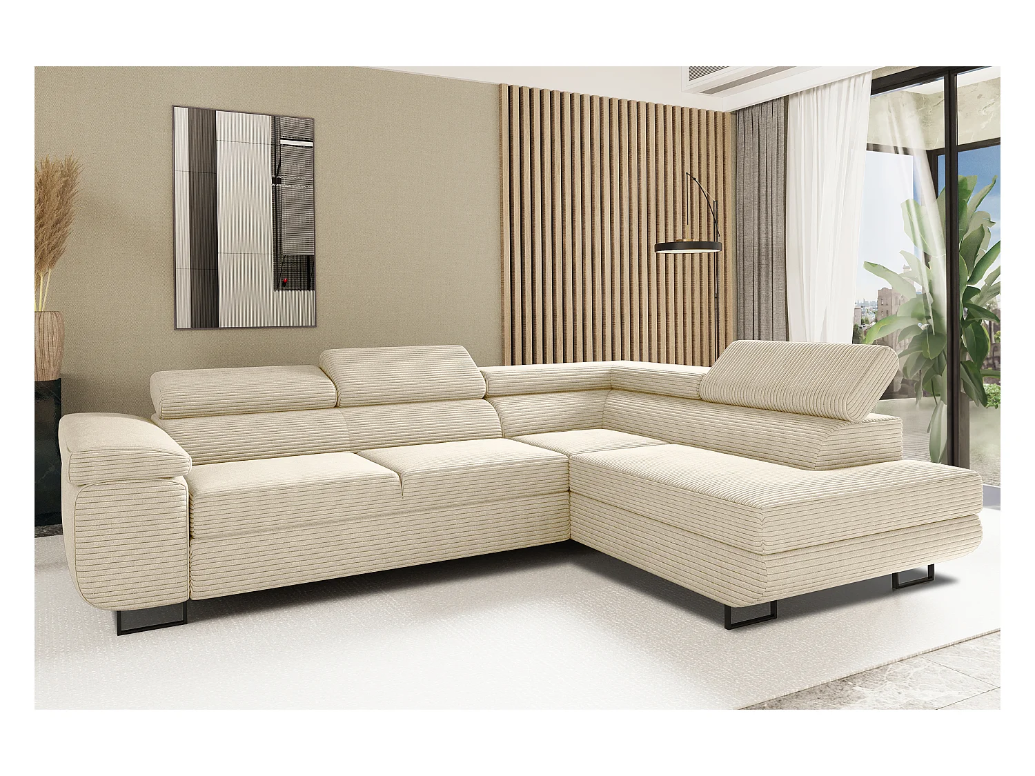 Canapé d'angle ATOMIC avec fonction couchage, tissu Poso, écru, droit