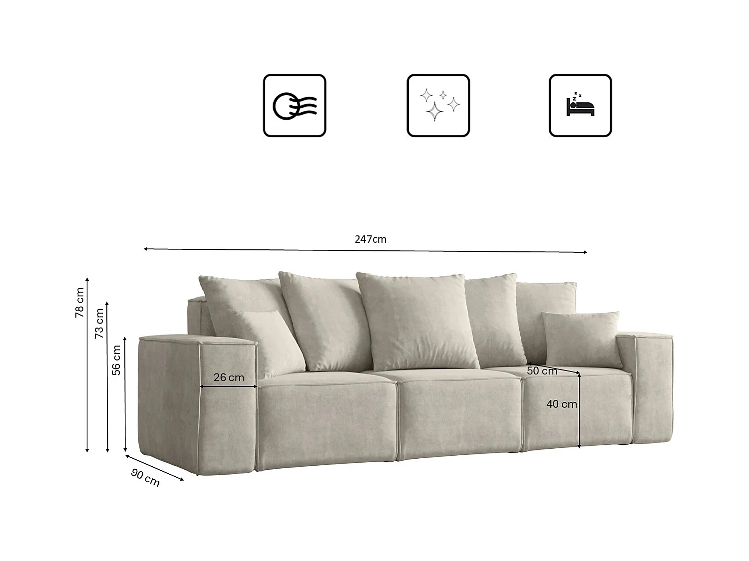 Canapé trois places ELLA, tissu Noel, gris clair