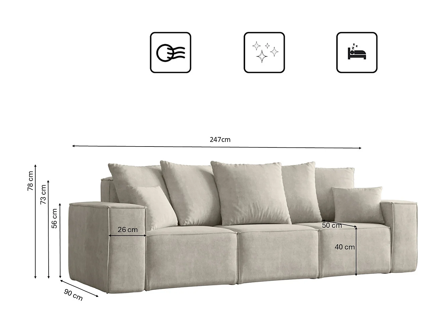 Divano, divano a tre posti ELLA, tessuto Noel, grigio chiaro