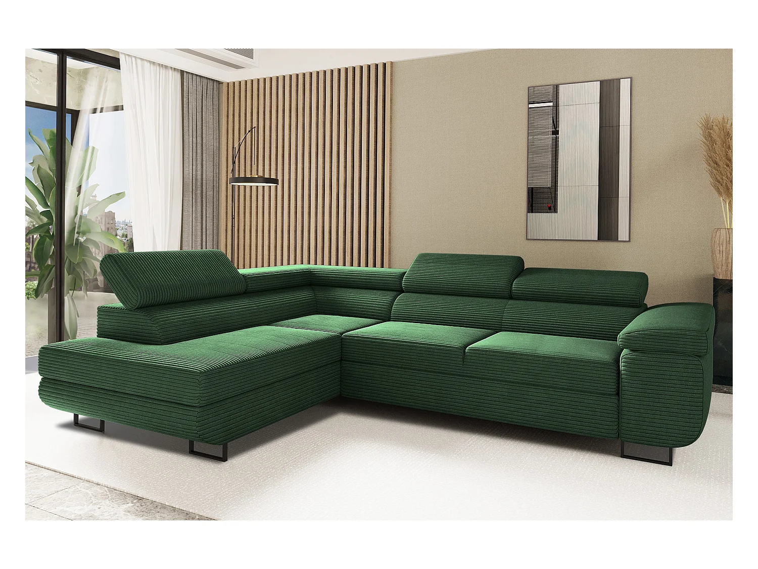 Canapé d'angle ATOMIC avec fonction couchage, tissu Poso, vert, gauche