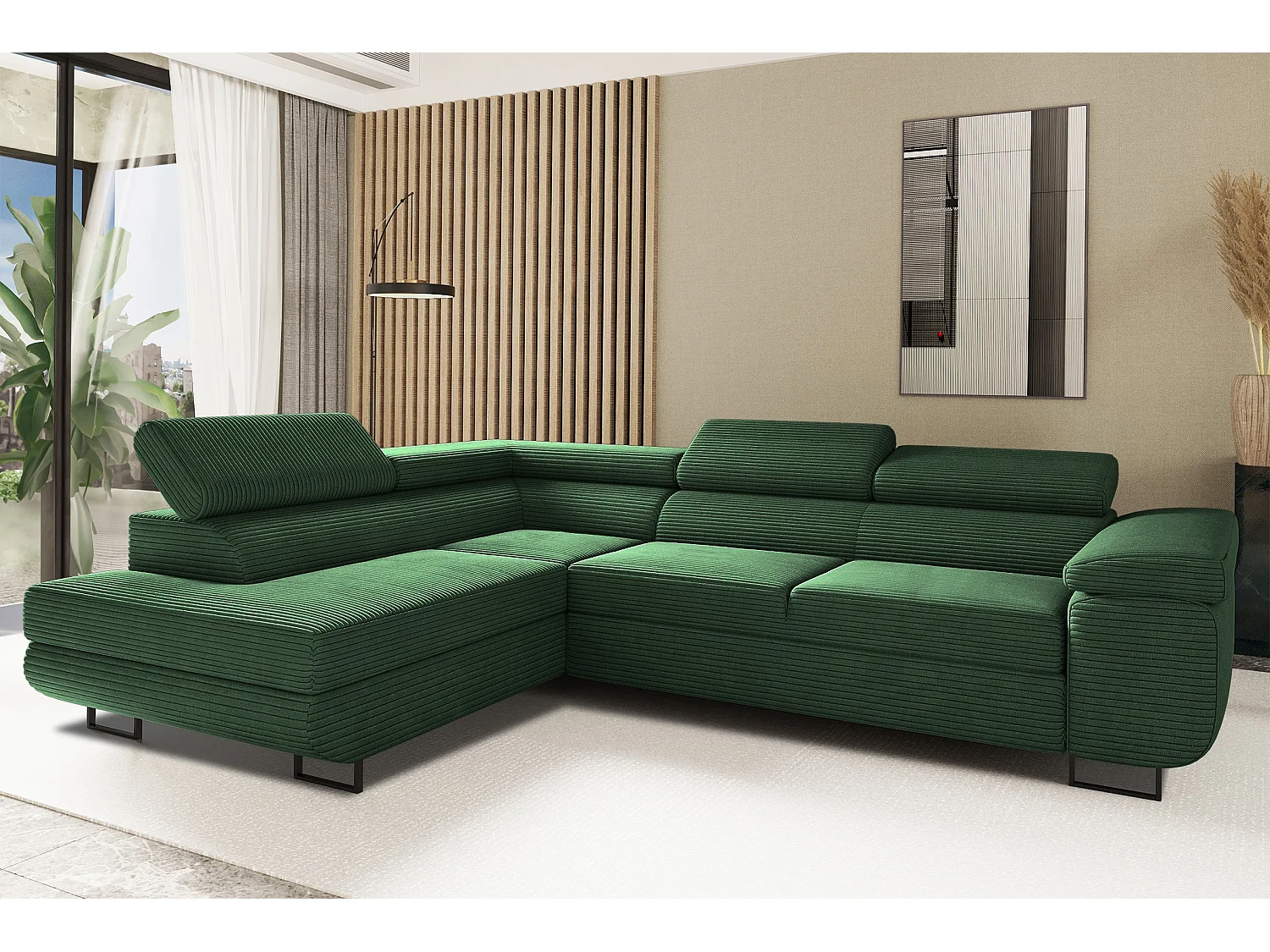 Canapé d'angle ATOMIC avec fonction couchage, tissu Poso, vert, gauche