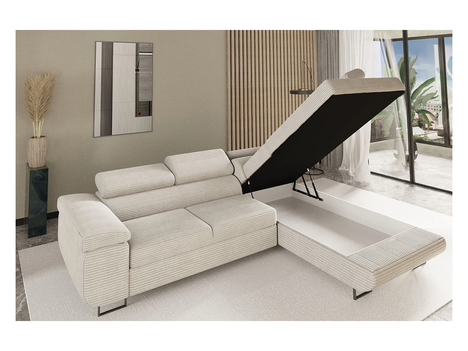 Canapé d'angle ATOMIC avec fonction couchage, tissu Poso, gris clair, droit