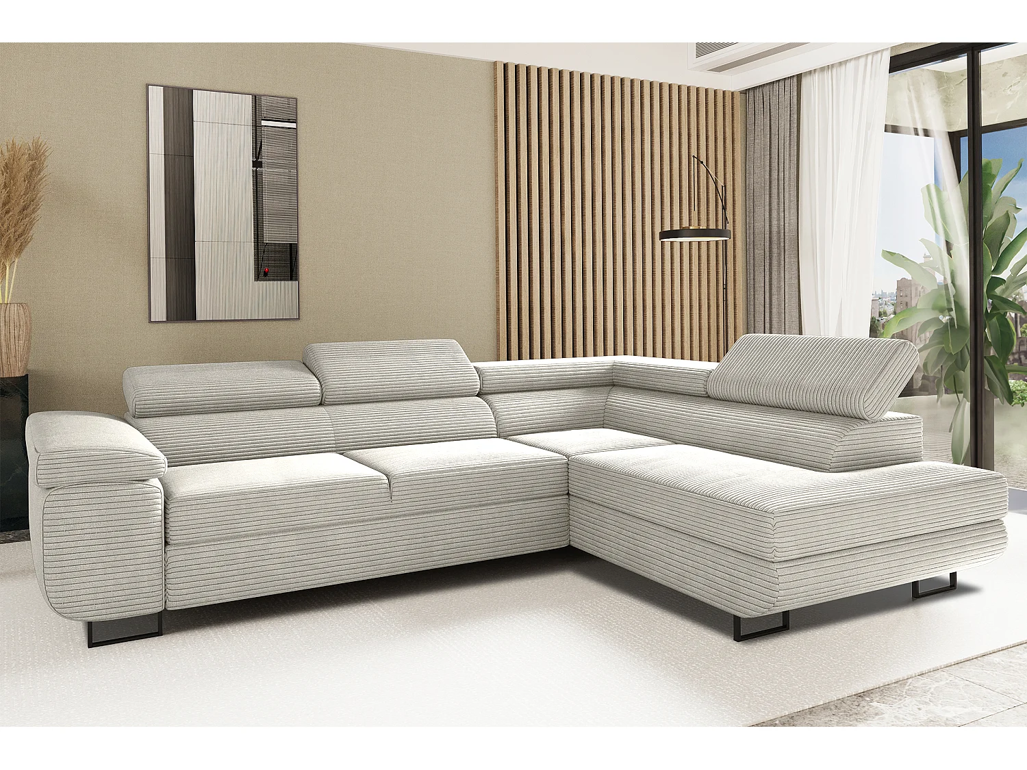 Canapé d'angle ATOMIC avec fonction couchage, tissu Poso, gris clair, droit