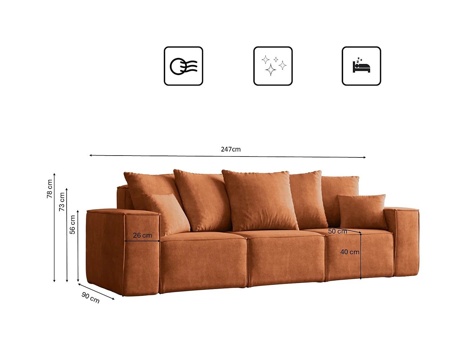 Canapé trois places ELLA, tissu Noel, orange