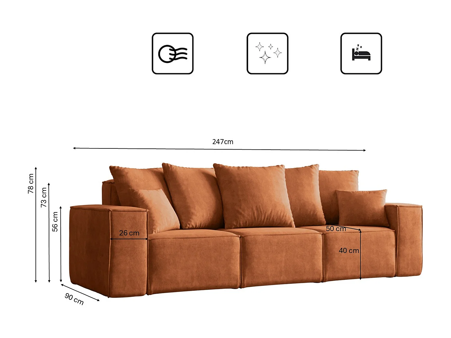 Canapé trois places ELLA, tissu Noel, orange