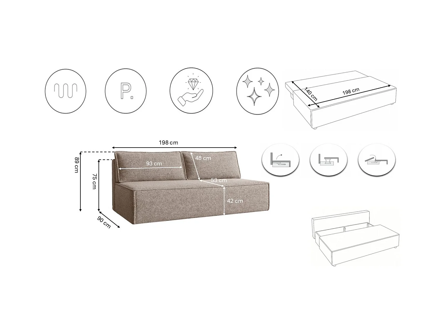 Canapé-lit DUO avec fonction couchage, tissu Verita, beige chaud