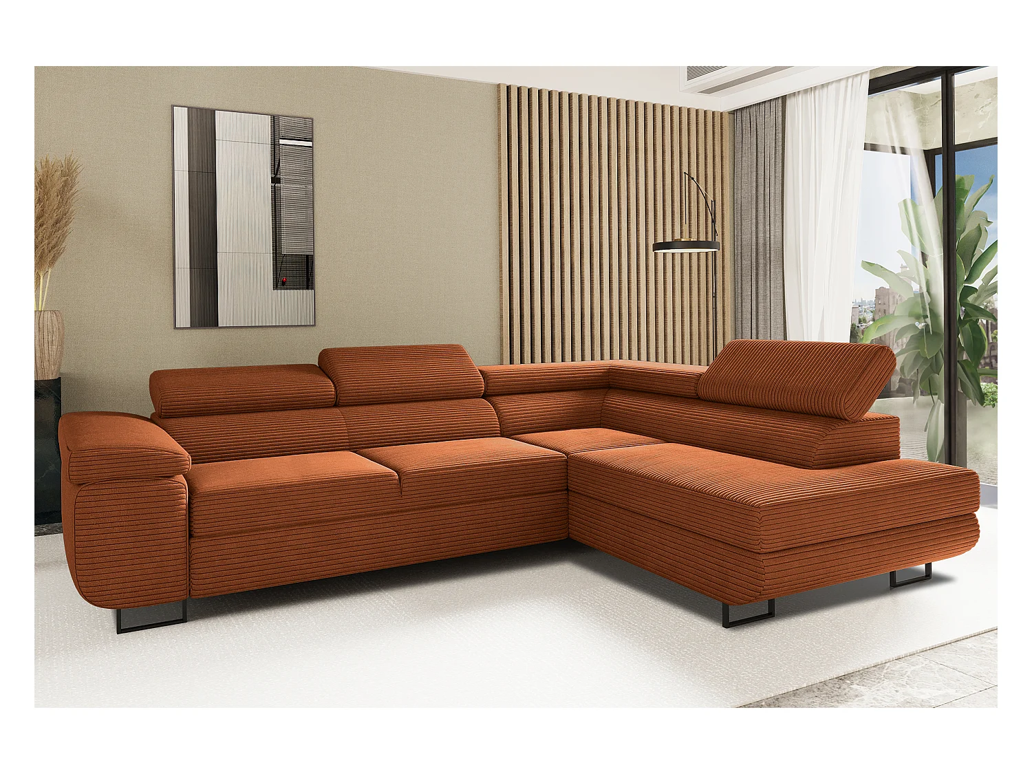 Canapé d'angle ATOMIC avec fonction couchage, tissu Poso, cuivre, droit