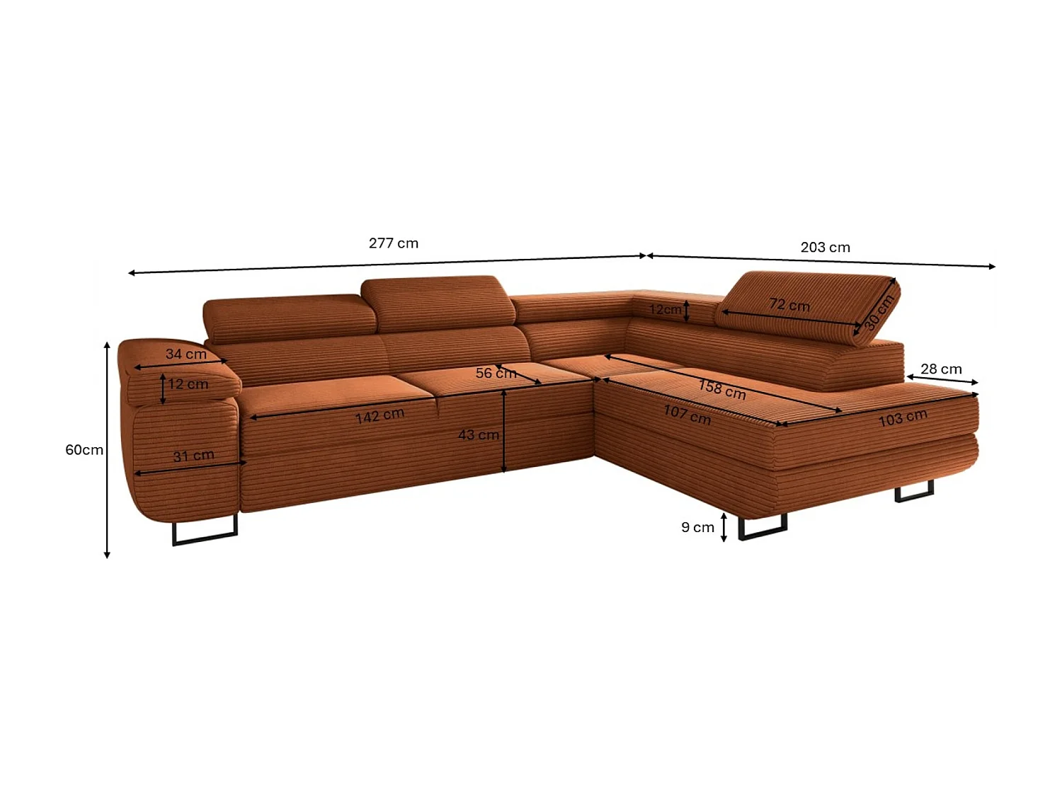 Canapé d'angle ATOMIC avec fonction couchage, tissu Poso, cuivre, droit