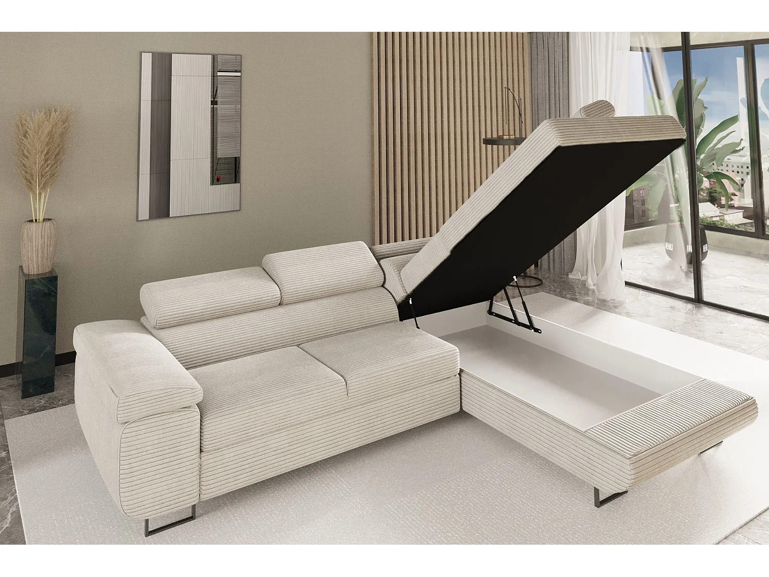 Canapé d'angle ATOMIC avec fonction couchage, tissu Poso, cuivre, droit