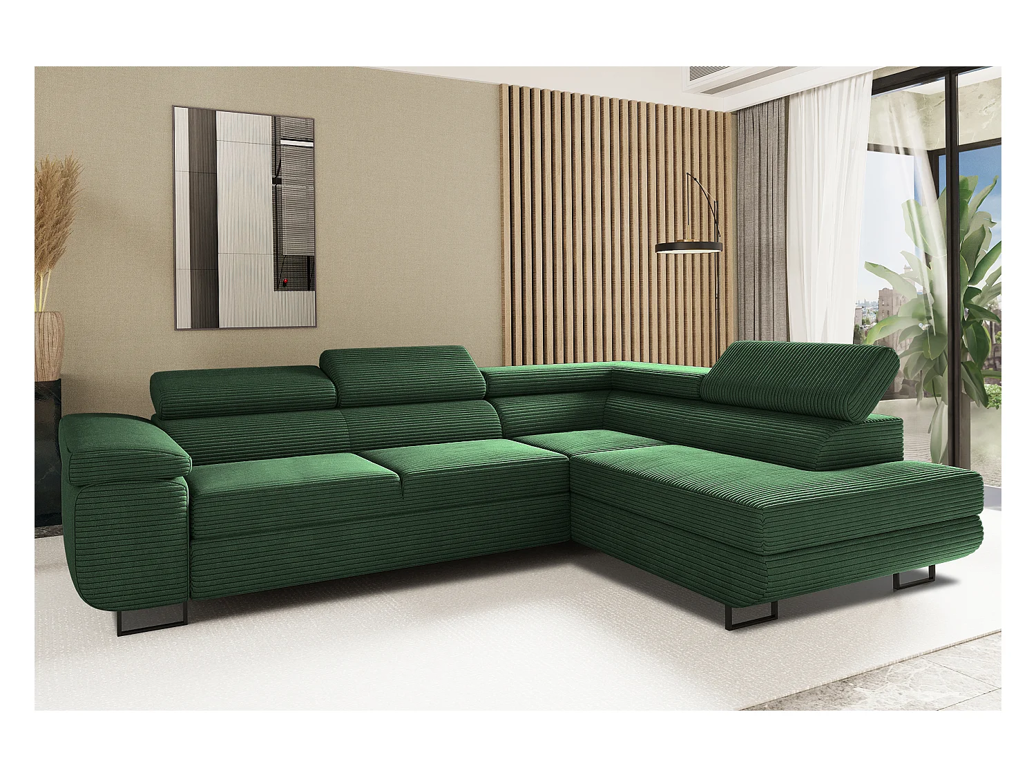 Canapé d'angle ATOMIC avec fonction couchage, tissu Poso, vert, droit