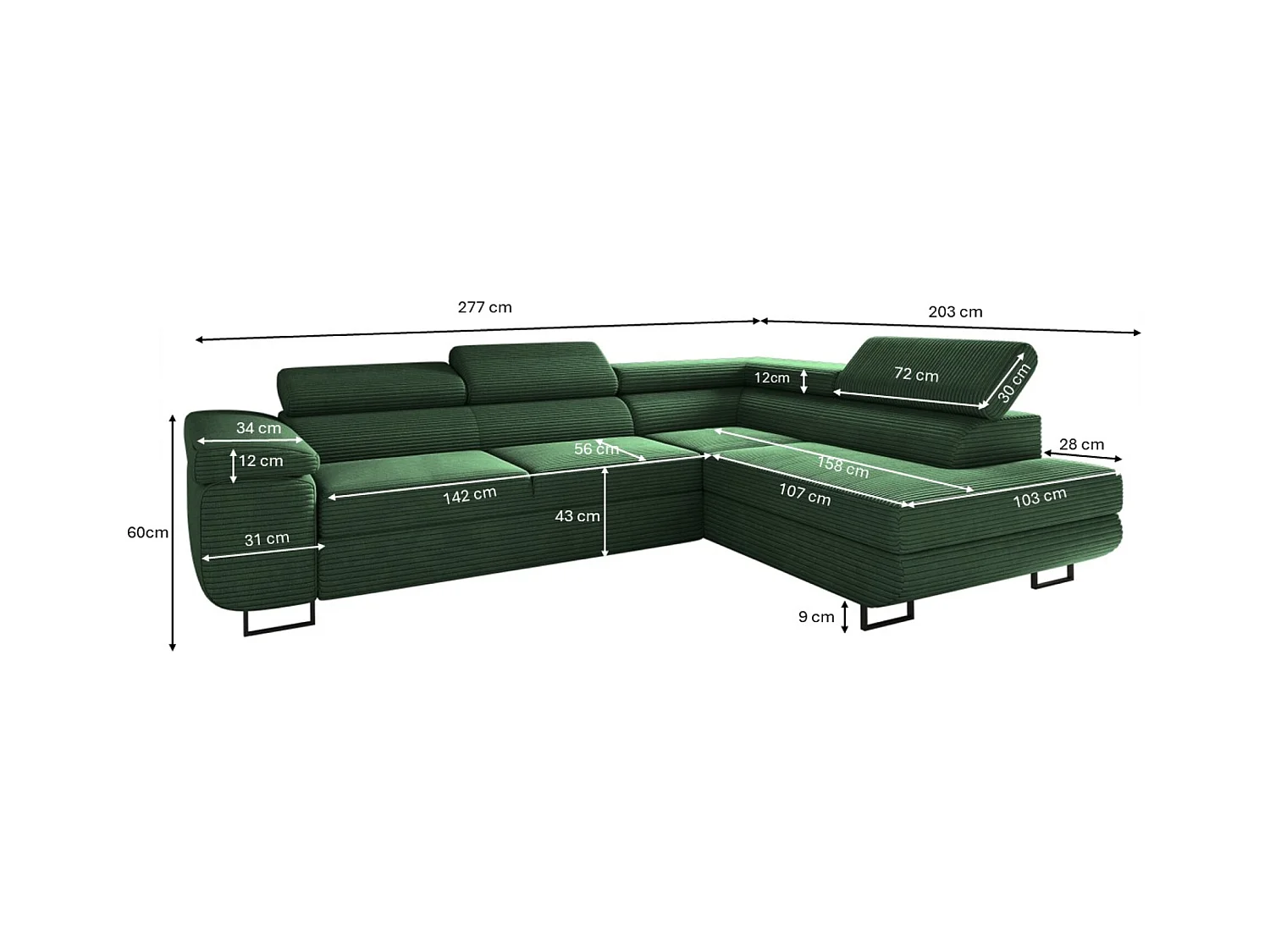 Canapé d'angle ATOMIC avec fonction couchage, tissu Poso, vert, droit