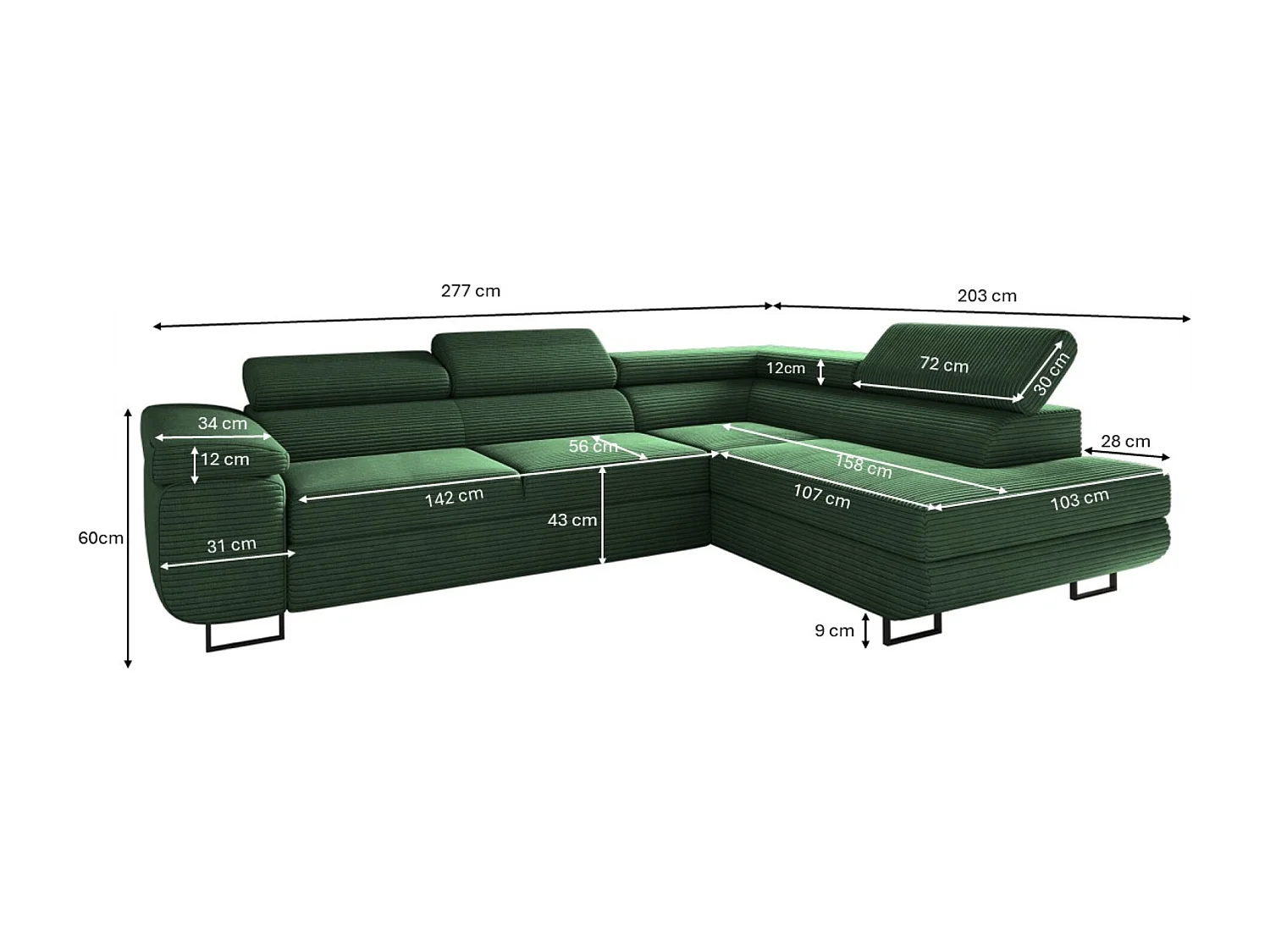 Canapé d'angle ATOMIC avec fonction couchage, tissu Poso, vert, droit