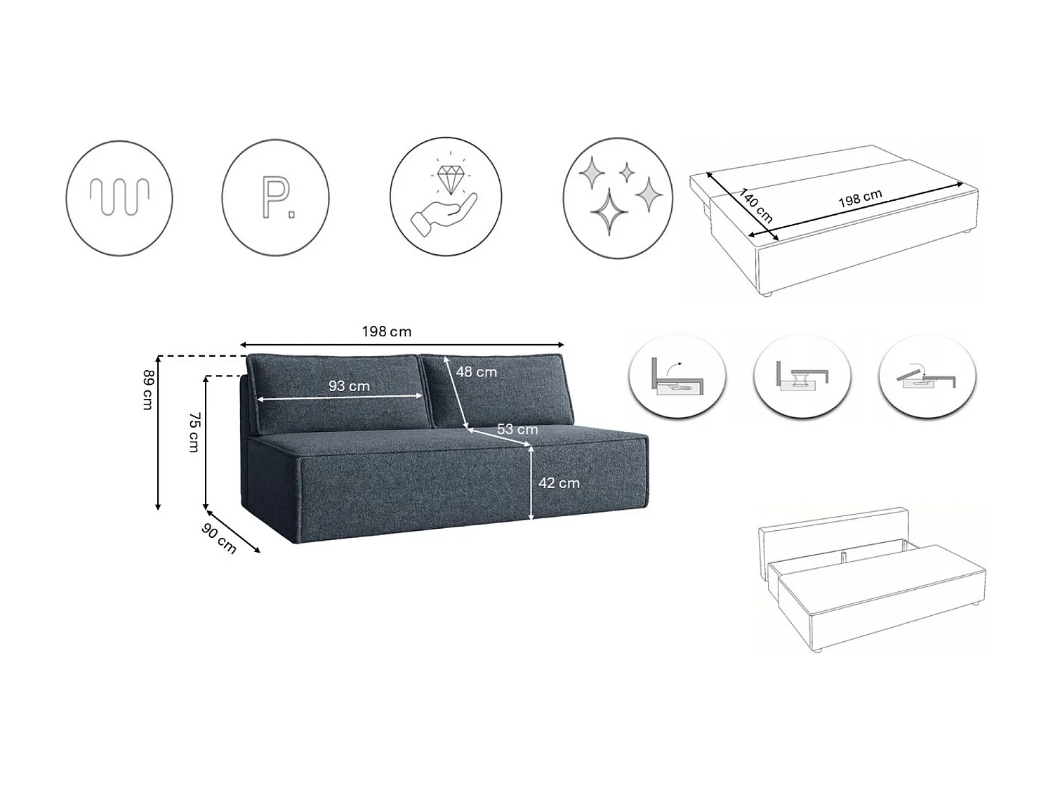 Canapé-lit DUO avec fonction couchage, tissu Verita, bleu marine