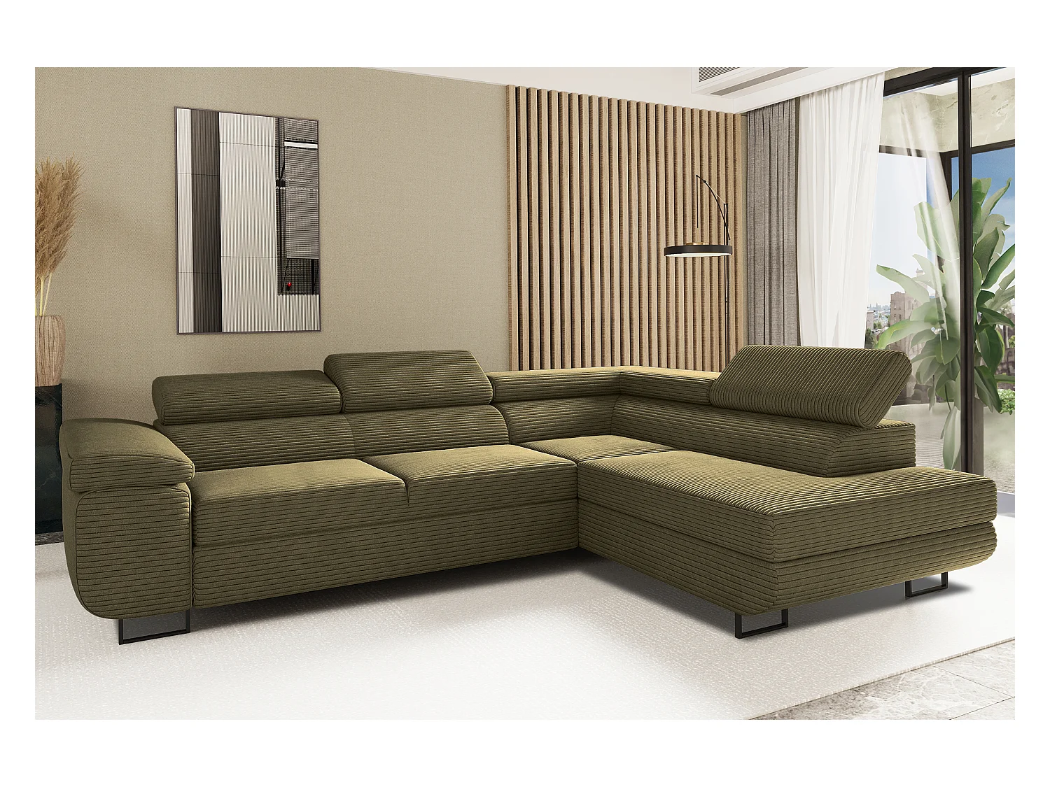 Canapé d'angle ATOMIC avec fonction couchage, tissu Poso, olive, droite