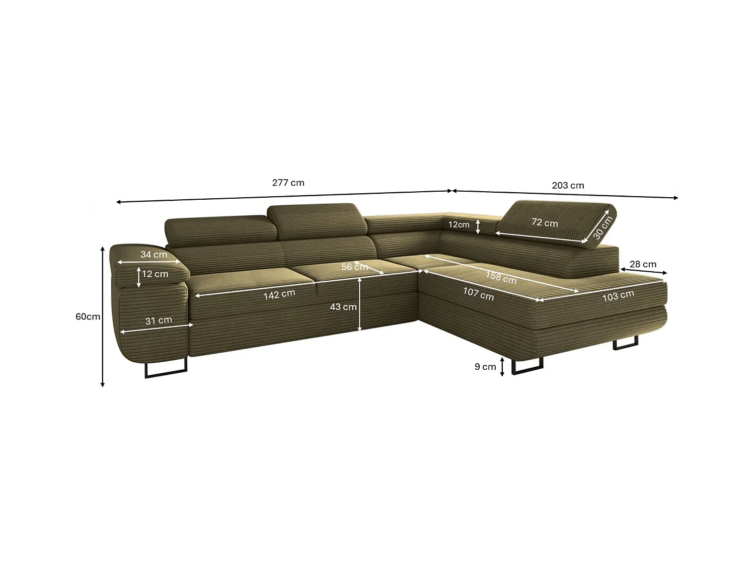 Canapé d'angle ATOMIC avec fonction couchage, tissu Poso, olive, droite