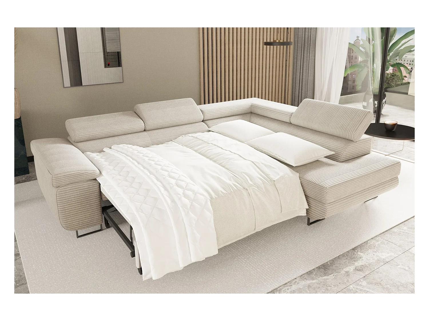 Canapé d'angle ATOMIC avec fonction couchage, tissu Poso, olive, droite